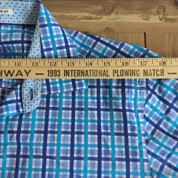 Bugatchi Men’s Blue Plaid Long Sleeve Flip Cuff Button up Shirt - Picture 9 of 14